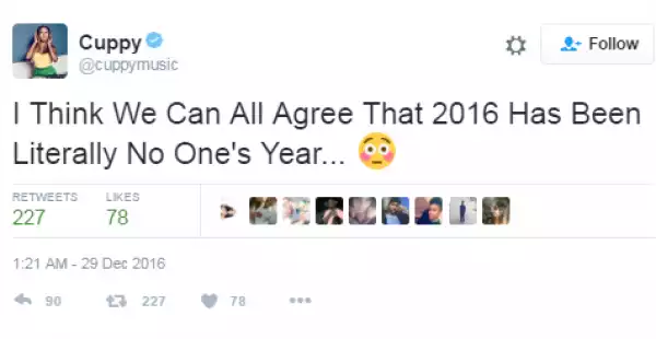 See hilarious replies DJ Cuppy got for saying "2016 has been nobody